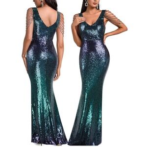 Emerald Navy Ombre Sequin Mermaid Gown w/ Beaded Shoulder Fringe – Formal Dress